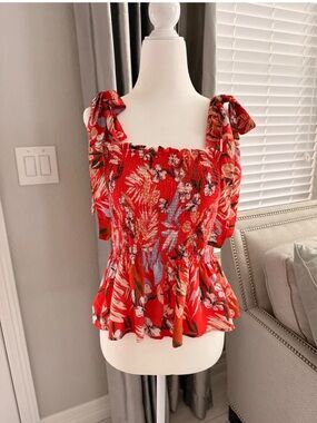Rachel Zoe Red Floral Smocked Tie-Shoulder Camisole